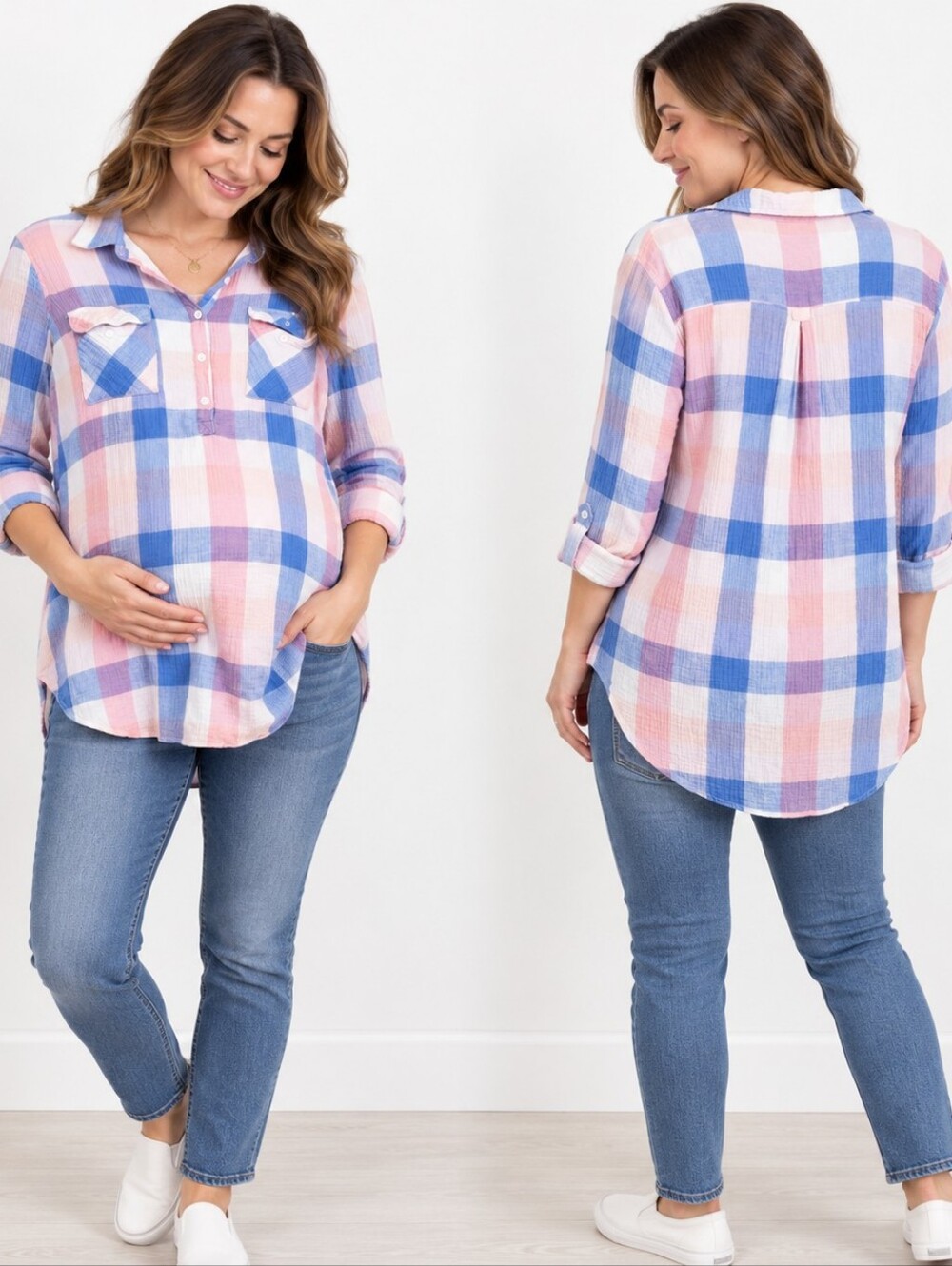 Isabel Maternity Size L Pastel Plaid Cotton Shirt Coastal Casual Cottagecore Mom